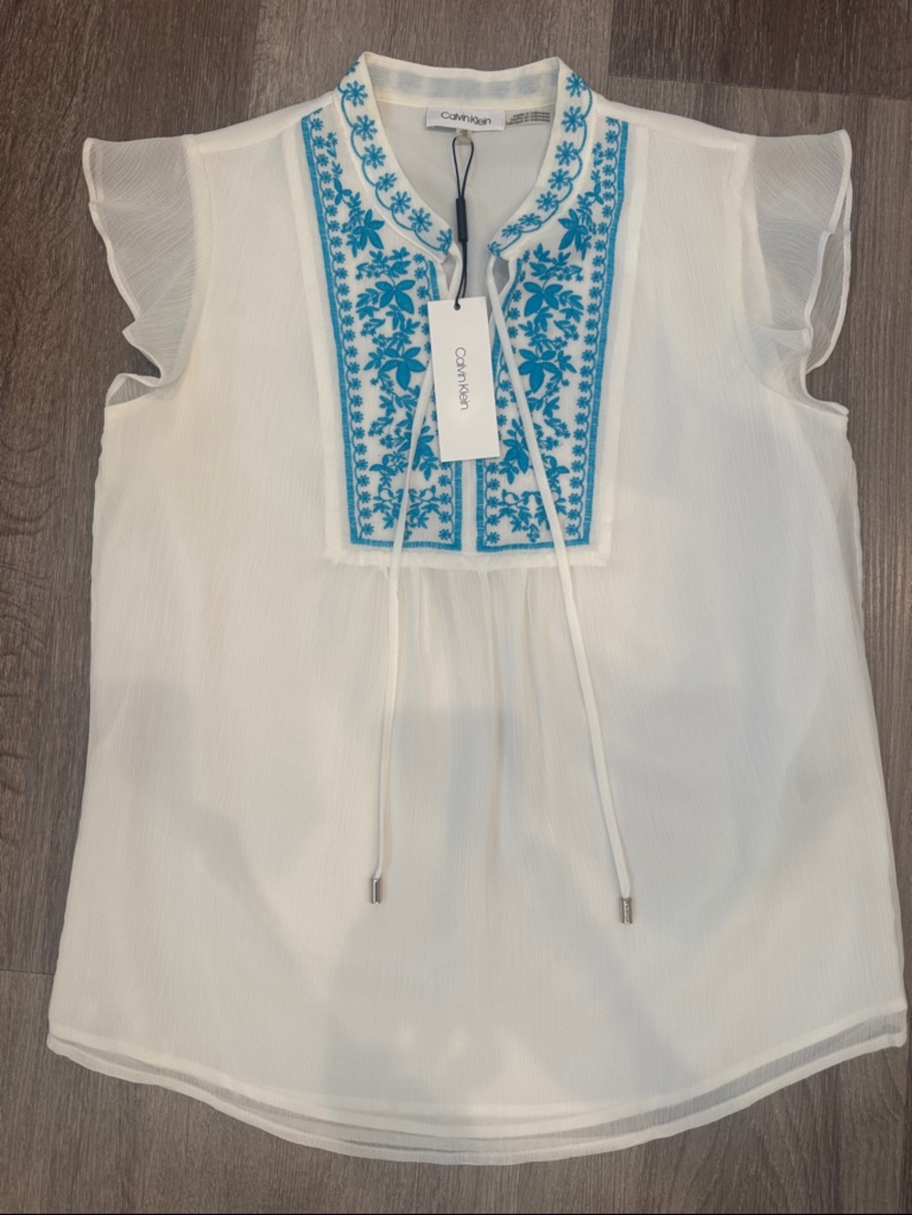 Calvin Klein White Sleeveless Peasant Blouse with Blue Embroidery